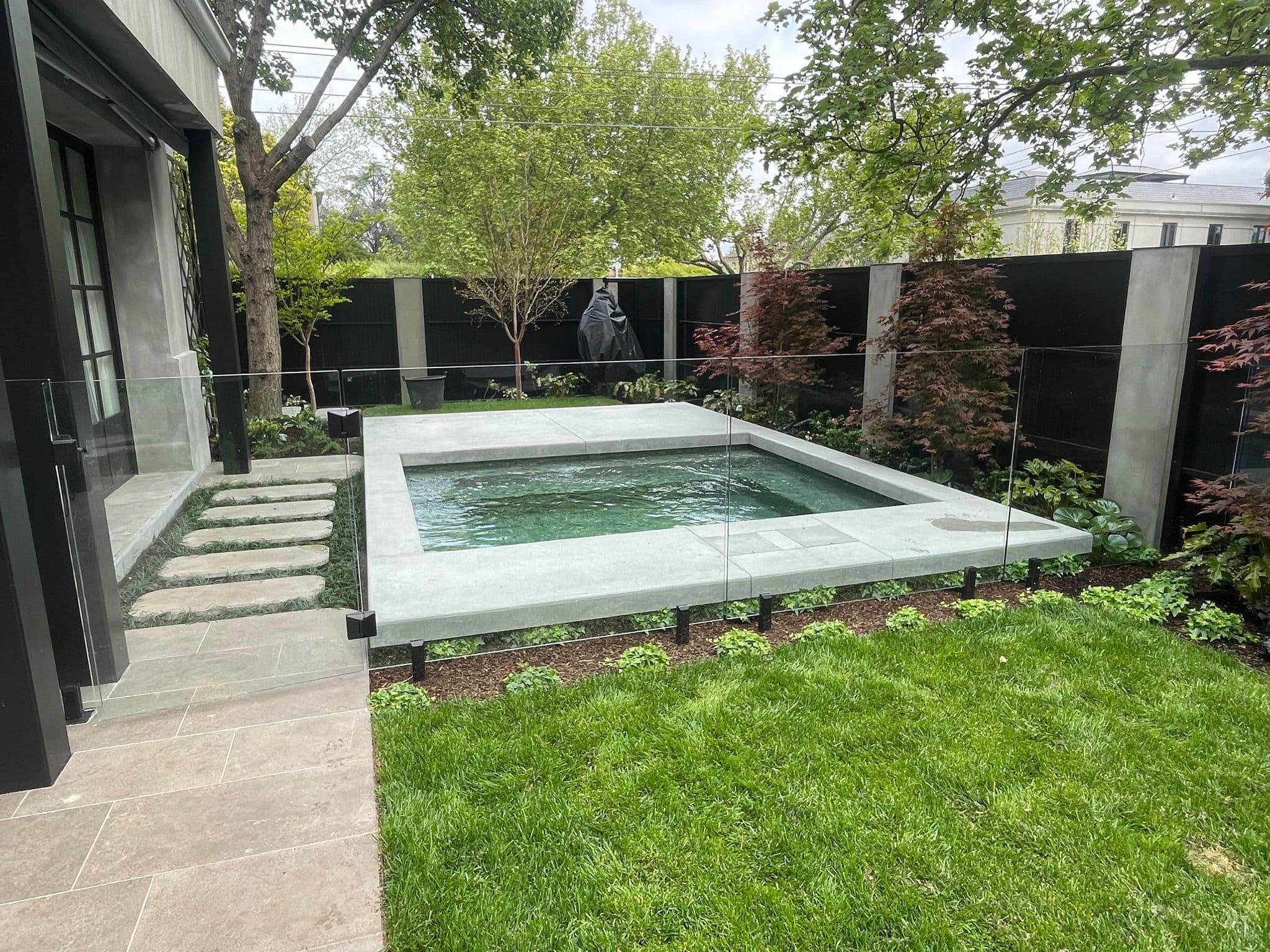 Frameless glass pool fence with matte black spigots surrounding a compact square pool with stone coping in a landscaped backyard garden.