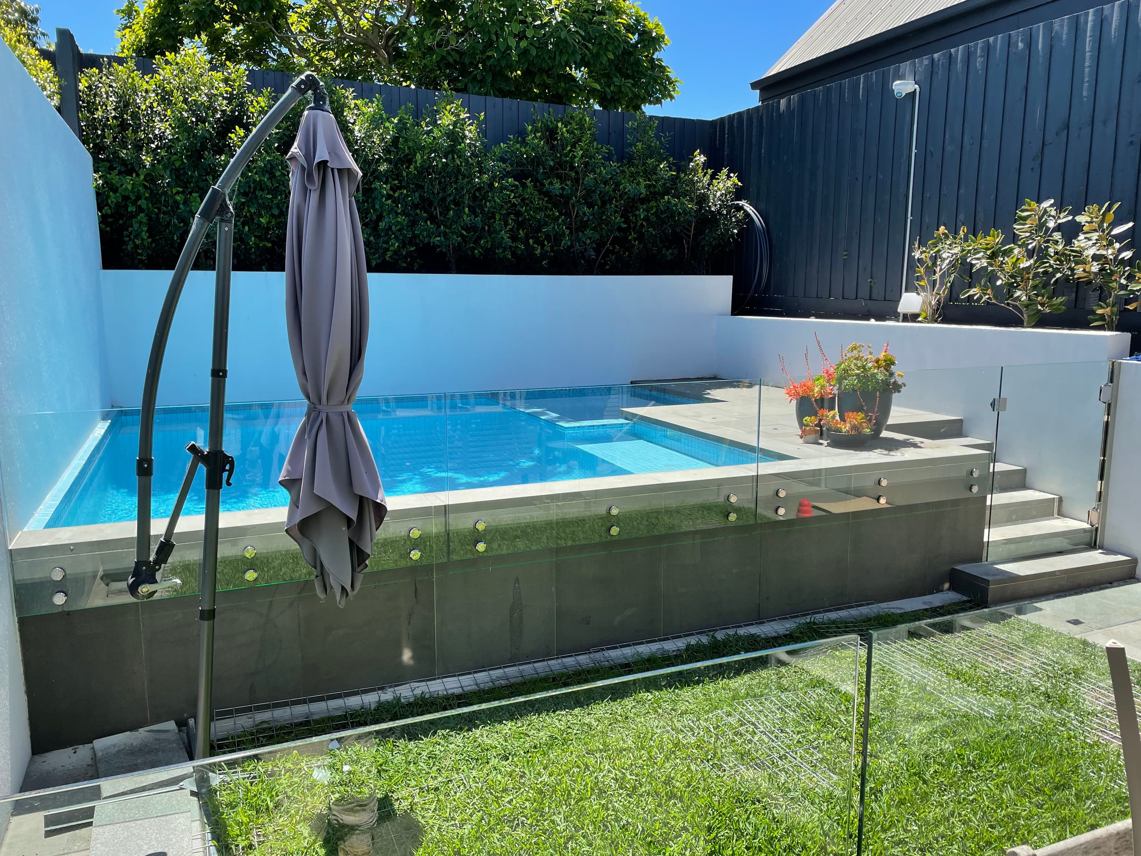 Frameless glass pool fence with chrome spigots core-drilled into tiled pool coping surrounding a raised rectangular backyard swimming pool, with a glass gate visible on the right side.