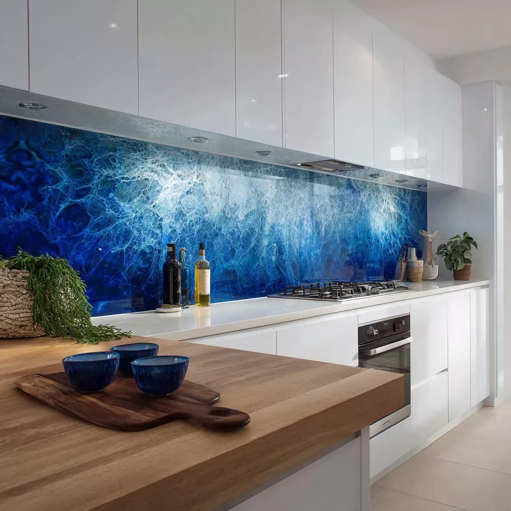 Printed glass splashback with a vivid deep-blue ocean/marble artwork pattern mounted behind a gas cooktop in a modern white kitchen with timber island bench.