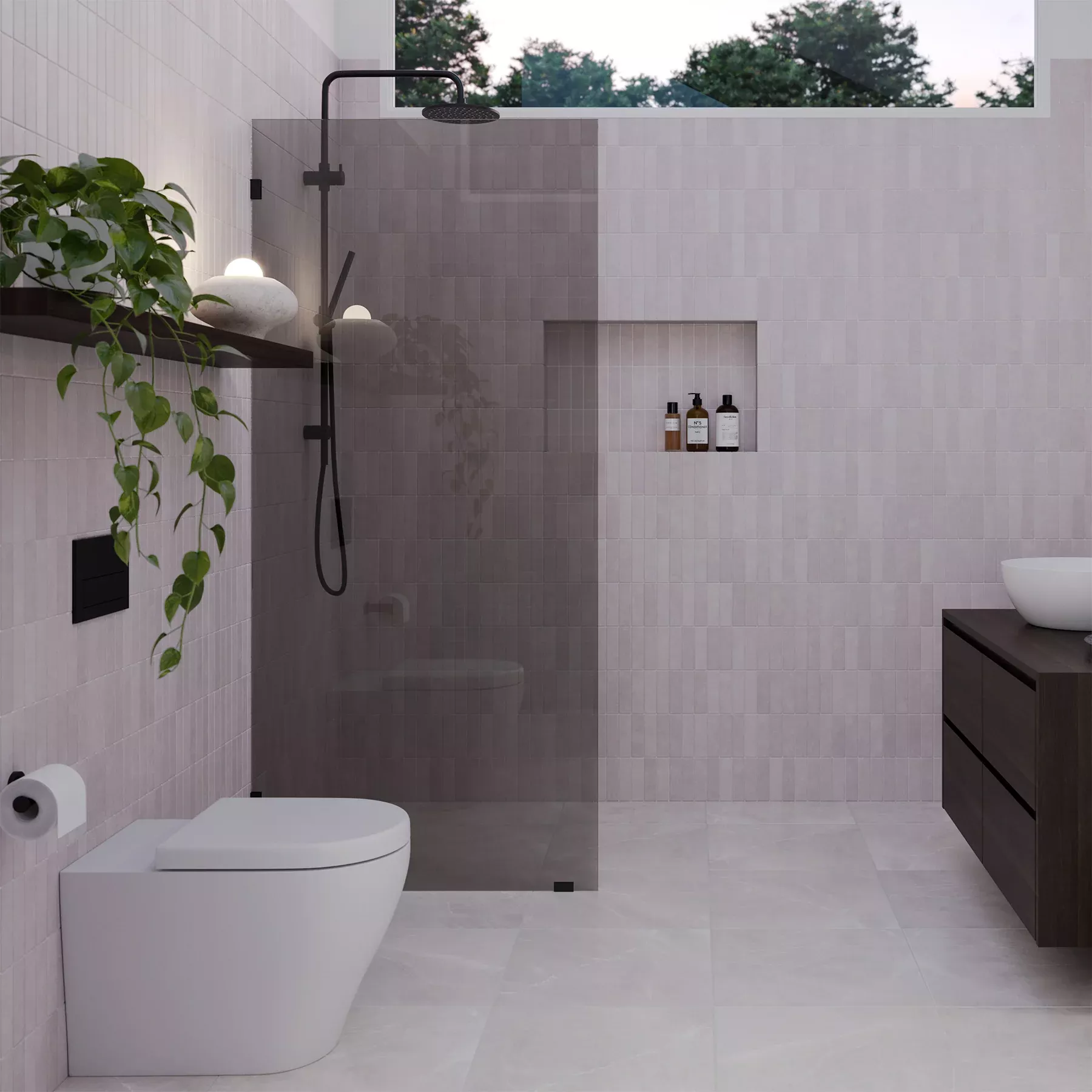 Frameless smoke grey glass shower panel with matte black hardware in a walk-in configuration within a modern tiled bathroom.